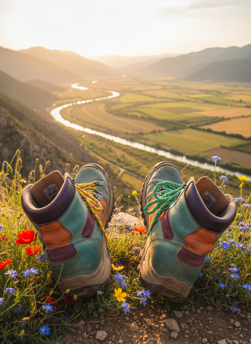 A well-worn pair of colorful hiking boots with dusty soles and bright, mismatched laces stands at the edge of a lush cliffside trail, toes pointing toward a sweeping valley filled with winding rivers and patchwork fields. Wildflowers in vivid hues cluster around the boots, slightly out of focus in the foreground. Late-day golden hour sunlight creates a warm glow on the rugged leather and casts soft, elongated shadows across the rocky ground. Shot from a low angle behind the boots, with a wide lens revealing the expansive view beyond, the photograph feels energetic, playful, and triumphantly exploratory.