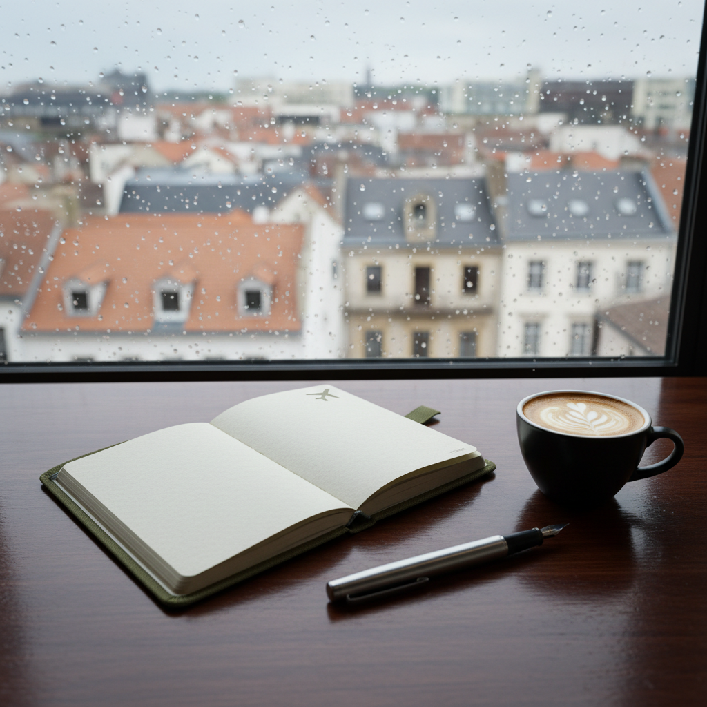A compact, modern travel journal opened to a blank page stamped with the faint outline of a tiny airplane icon in the corner, resting on a café table made of dark, polished wood near a large window. Beside the journal lies a well-used metal pen and a small ceramic cup of coffee, its surface swirling. Rain-speckled glass in the background reveals a softly blurred foreign cityscape of varied rooftops. Diffused overcast light creates a cozy, introspective mood, with subtle reflections on the table. Captured from a three-quarter top-down angle in crisp photographic realism, the composition invites playful imagination about future journeys.