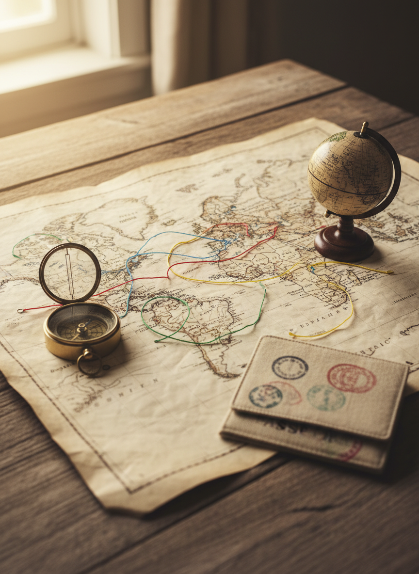 An oversized, detailed world map spread across a rustic wooden table, corners held down by a brass compass, a small vintage globe, and a worn fabric passport cover with subtle, non-identifiable stamps. Thin colored string connects distant cities in playful zigzags. Soft morning light from a nearby window washes over the paper, creating gentle highlights on the glossy compass and textured shadows in the map’s creases. Shot from a slightly elevated angle with sharp focus throughout, the photographic image feels bright, curious, and inviting, suggesting meticulous planning and spontaneous detours in global journeys.